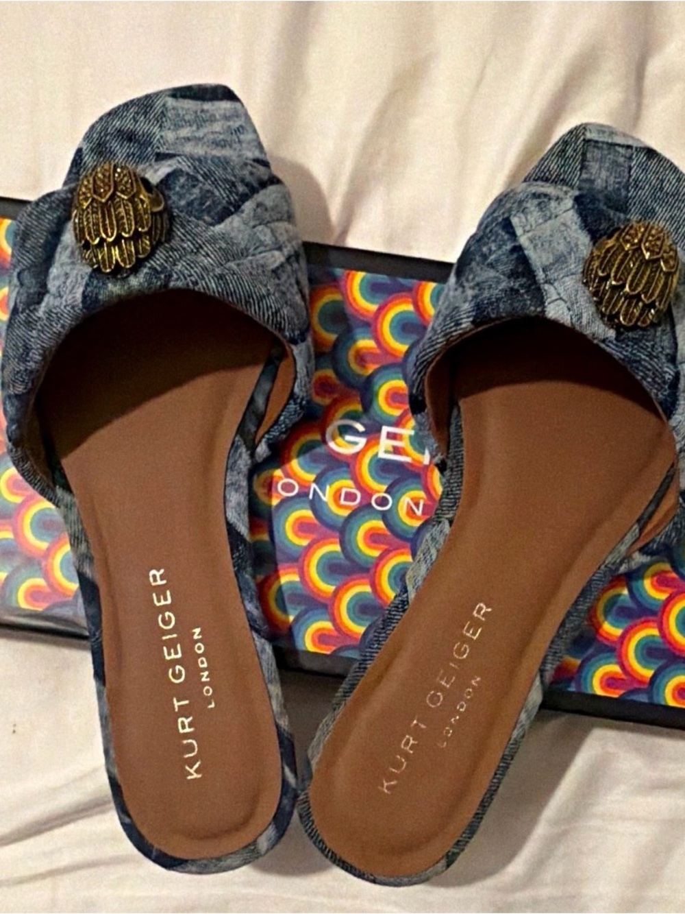Kurt Geiger Blue Denim Open-Toe Slide Mules with Gold Emblem